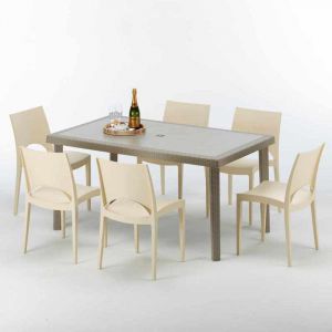 Grand Soleil Table rectangulaire et 6 chaises Poly rotin resine ensemble bar caf&egrave; exterieur 150x90 Beige | Paris Beige ivoire