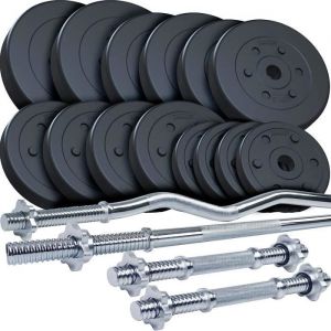 Image de ScSPORTS Lot d'Haltères - 80 kg, 2 Barres Courtes + 1 Curl + 1 Longue en Chrome, 14 Disques, Noir - Set de Poids de Musculation Gym