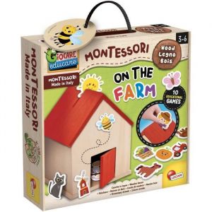 Lisciani Giochi Montessori Baby Bois - La Ferme - Jeu &Eacute;ducatif pour Enfants d&egrave;s 9 mois - Maisons 3D en bois et Animaux De La Ferme - D&eacute;veloppe Tactilit&eacute; et Logique - Fabriqu&eacute; En Italie