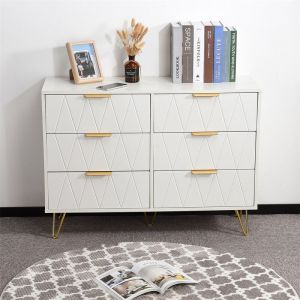Commode à 6 tiroirs, 100x34x72.5cm, en forme de losange, panneau en placage, poigné et pied doré, MDF, blanc