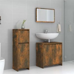VidaXL Ensemble de Meubles de Salle de Bain Armoire de Rangement de Lavabo Placard de Salle de Bain Armoire &agrave; Miroir 3 pcs Ch&ecirc;ne Fum&eacute;