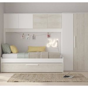 Lit avec tiroir gigogne 2 x 90 x 200 cm - Avec armoire – Blanc et naturel - LUMOKA