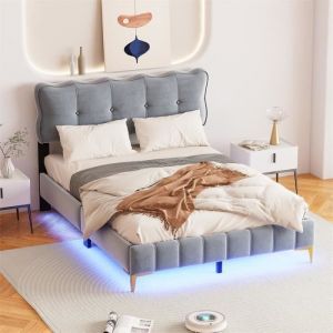 Lit adulte 140x200cm en tissu velours, lit double capitonné avec LED, sommier à lattes, tête de lit, pieds hauts en métal gris