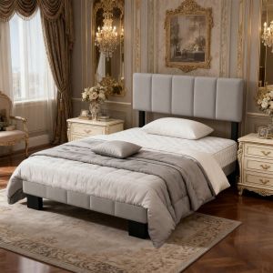 Image de Cadre de lit 90x200 cm - hauteur 26.5 cm - sommier à Lattes et tête de lit capitonnée -Hauteur de la tête de lit réglable- compatible matelas 90x200