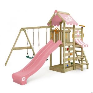 Wickey Tour de jeux en bois VanillaFlyer avec balançoire et toboggan, tour d'escalade avec bac à sable, échelle et accessoires de jeu – rose pastel