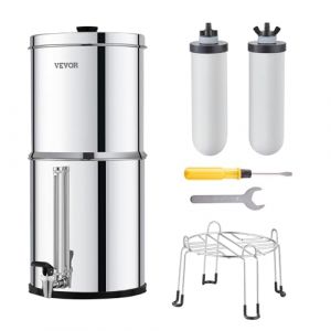 VEVOR Syst&egrave;me de Filtration d'Eau par Gravit&eacute; 8,5 L, Filtre &agrave; Eau par Gravit&eacute; R&eacute;duction du Plomb et jusqu'&agrave; 99% du Chlore, en Inox 304, 2 Filtres &agrave; Charbon et C&eacute;ramique, Niveau d&rsquo;Eau, Robinet