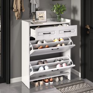 Meuble à chaussures 80x34x107,5 cm - 2 portes abattantes et 1 tiroir - 4 compartiments - MDF - Blanc