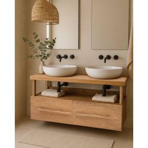 N&eacute;via - Meuble salle de bain en teck avec &eacute;tag&egrave;re en verre 140 cm