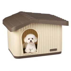Vounot Maison pour Chat Imperméable avec Toit Incliné Niche Extérieur Intérieur avec Aération et Pieds Antidérapants 75x63x51cm Abri Confortable pour Chat Chien et Lapin Beige
