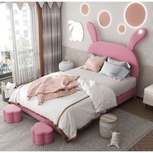 Lit Coffre 140x200cm &eacute;Clairage De Chevet LED Lit 2 Personnes Oreilles De Lapin Pliables Sommier &agrave; Lattes Lit Double,Rose