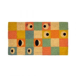 Fisura Tapis de Porte Original “Yeux” en Coco avec Base antidérapante en PVC. Tapis d'entrée de Maison. Tapis à Carreaux. Peint à la Main. Dimensions : 70 cm x 40 cm