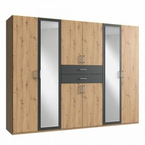 Wimex Armoire 6 portes chênes artisans 2 portes miroirs DIVER 270 cm 2 tiroirs graphites