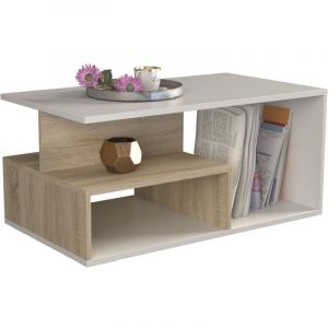 TOP E SHOP CDF Prima Table basse | Couleur : chêne sonoma – Blanc | Table basse moderne pour salon, salon, bureau | Forme : rectangulaire | Étagère pour petits objets, journaux, magazines ou livres