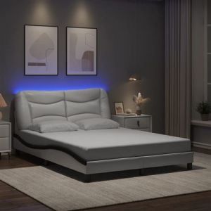 VidaXL Cadre de Lit avec Lumières LED, Lit Rembourré, Lit Double, Lit Adulte de Chambre à Coucher Intérieur, Moderne, Blanc Noir 140x190 cm Similicuir