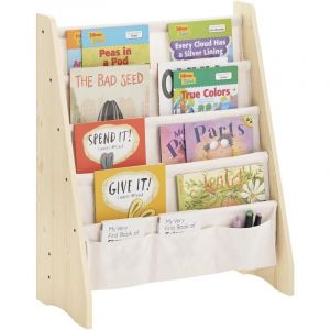 Sobuy Bibliothèque Enfant Étagère à Livres pour Enfants Étagère de Rangement pour Chambre d'Enfant Porte-revues avec 4 Compartiments Ouverts et 3 Poches,