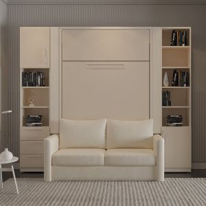 Inside75 Composition armoire lit escamotable FIDJI SOFA couchage 140*200 Colonnes de rangements intégrées - beige