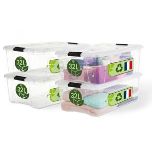 Iris Ohyama Boite Rangement Plastique avec Couvercle, 32L, Lot de 4, Transparent, Clips de Fermeture, Poign&eacute;e, Empilable, Organisation Solide et Durable, pour Chambre, Dressing, Bureau, BSB-32