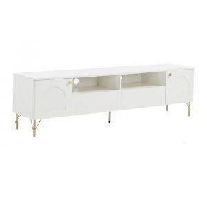 Meuble TV avec 2 portes, 2 tiroirs et 2 niches - Blanc et dor&eacute; - ALOBARA