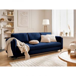 Canap&eacute; droit convertible 3 places en velours bleu nuit