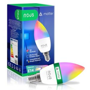 Nous E14 RGB Matter Ampoule Connectee, LED WiFi Dimmable Couleur Ampoules Intelligente Avec Telecommande App, Compatible avec Alexa, Google Home, Home Assistant, Tuya Smart Life (E14, Pack of 1)