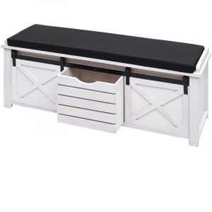 Décoshop26 Banc avec compartiments de rangement banquette rembourrée en bois massif aspect vintage 43x102x33cm blanc 040001094