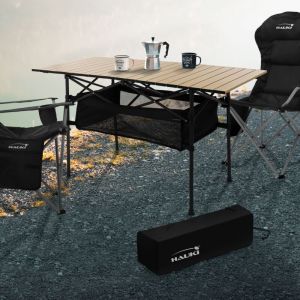 Table de Camping Pliante 118x55x64,5 cm, Plateau de Table Beige en Aluminium Aspect Bois Clair, avec Sac de Transport, Table d'Extérieure avec Poche