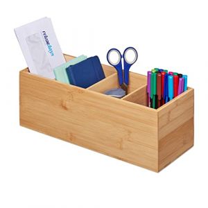 Image de Relaxdays Organiseur de bureau, 4 compartiments, bambou, HxLxP : 7,5x36x15 cm, bureau, salle de bain, rangement, nature