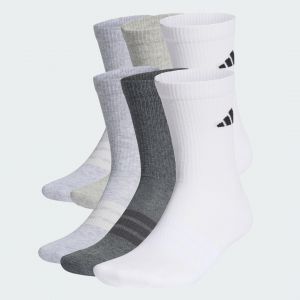 Adidas Unisex CUSHIONED CREW SOCKS 6 PAIR PACK, white/light grey heather/medium grey heather/dark grey heather, 4.5-6