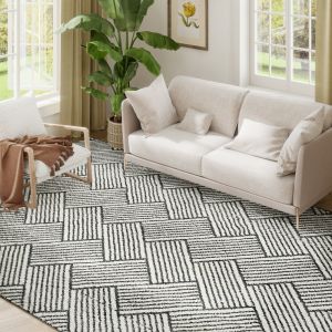 Homcom Tapis salon moderne poils courts style graphique cr&egrave;me gris 230 x 160 cm