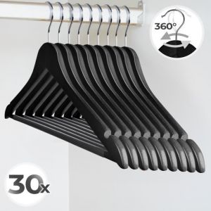 Jago Cintres en Bois - Lot de 30, Crochet Pivotant à 360°, Longueur 44,5 cm, Noir - Cintres pour Pantalons, Jupes, Vestes, Chemises