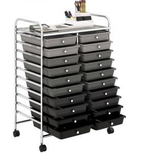 Chariot de Rangement à Roulette 20 Tiroirs en pp, Tour de Rangement avec Tablette, Cadre en Métal, Desserte Meuble Tiroir (Noir dégradé)