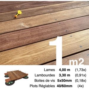 Kit complet terrasse bois exotique CUMARU pour 1 m&sup2;, Lames 4 m, lambourdes 2,75 m, plots r&eacute;glables et visserie Inox