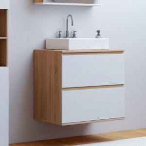 Idmarket Meuble sous vasque suspendu salle de bain TOMI 2 tiroirs façon hêtre et blanc