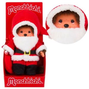 Sekiguchi 204083 - Monchhichi Original gar&ccedil;on avec Costume de P&egrave;re No&euml;l et Barbe, Peluche Marron de 20 cm env.