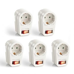 Perfect, Adaptateur de Prise avec Interrupteur Marche/arr&ecirc;t, 1x Prise Schuko, 16A / 250V AC, 3680 Watts, Blanc, Lot de 5