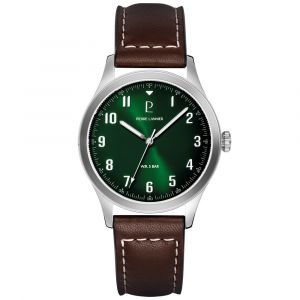 Image de Pierre Lannier Montre Homme Aviateur Argenté Cadran Vert Bracelet Cuir Brun 20 Mm