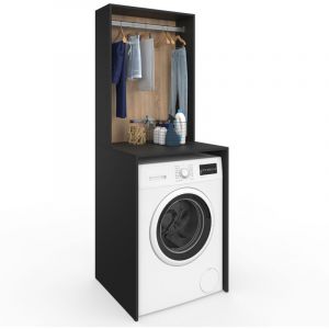 Idmarket Meuble dessus machine &agrave; laver avec penderie WALLIS noir et bois fa&ccedil;on h&ecirc;tre