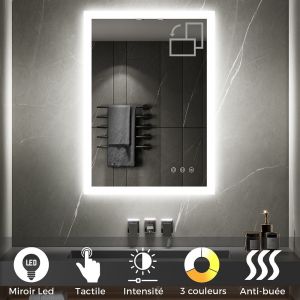 TEMEO Miroir LED lumineux 60 x 80 cm antibuée + intensité 2100 lumens & 3 couleurs salle de bain - SANIVERRE