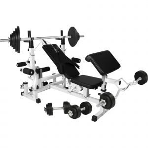 Image de Gorilla Sports Banc de Musculation Universel avec Support pour haltères et Set d'haltéres en Caoutchouc de 105,5kg