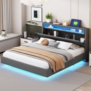 Lit Double Adulte 160x200cm avec Rangement T&ecirc;te de Lit avec LED et Ports USB, Gris
