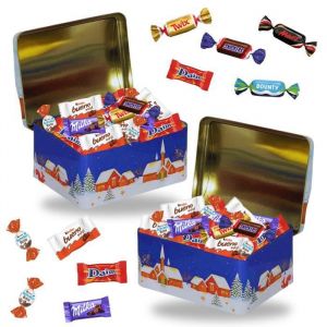 Image de 2 Boites de Noël garnies dun Assortiment de 40 Chocolats Friandises Célébrations Milka Daim Kinder à Offrir en Fin dAnnée