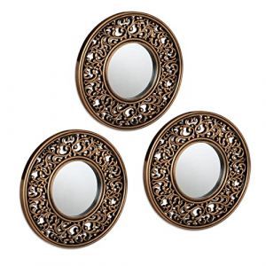 Relaxdays Lot de 3 miroirs, Forme Ronde avec Ornements, diamètre de 25 cm, intérieur, décoration, Vintage, doré - Noir