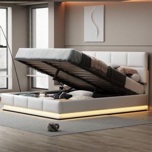 Lit coffre LED - Lit capitonné relevable hydraulique avec sommier à lattes, tête de lit, simili cuir PU - Blanc 180x200 cm
