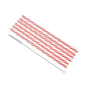 Homéa, Set de 6 Pailles en Plastique Réutilisable Rayures Rouge et Blanc 23 cm + Brosse