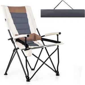 Chaise Pliante Camping Charge 150 kg, Fauteuil Pliant Camping Extérieur Portable Cadre Métal, Porte-Gobelet, Dossier Haut, Accoudoirs, Coussin