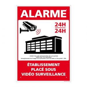 Panneau de signalisation prépercé PVC ou ALU rectangulaire + kit de fixation - Alarme, établissement placé sous vidéo surveillance - PVC 1 mm - 210 x