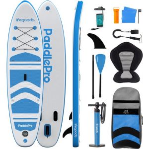 LifeGoods PaddlePro SUP Board - avec siège - Planche à pagaie gonflable - Ensemble complet - Max. 135KG - 320x81cm - Blanc/Bleu ciel