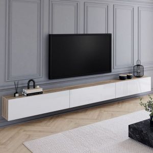 Idmarket Meuble TV 300 cm suspendu ELIO 3 portes bois et blanc