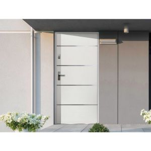 Porte d'entr&eacute;e en acier pleine et inox H207 x L100 cm blanc - poussant droit - NAXARA