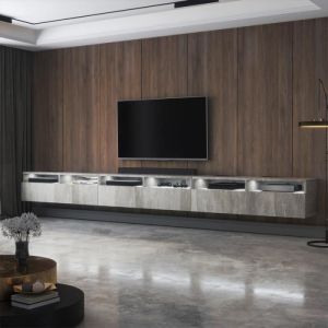 Rednaw - Meuble tv avec deux tiroirs - 300 cm - couleur béton - avec led - Selsey